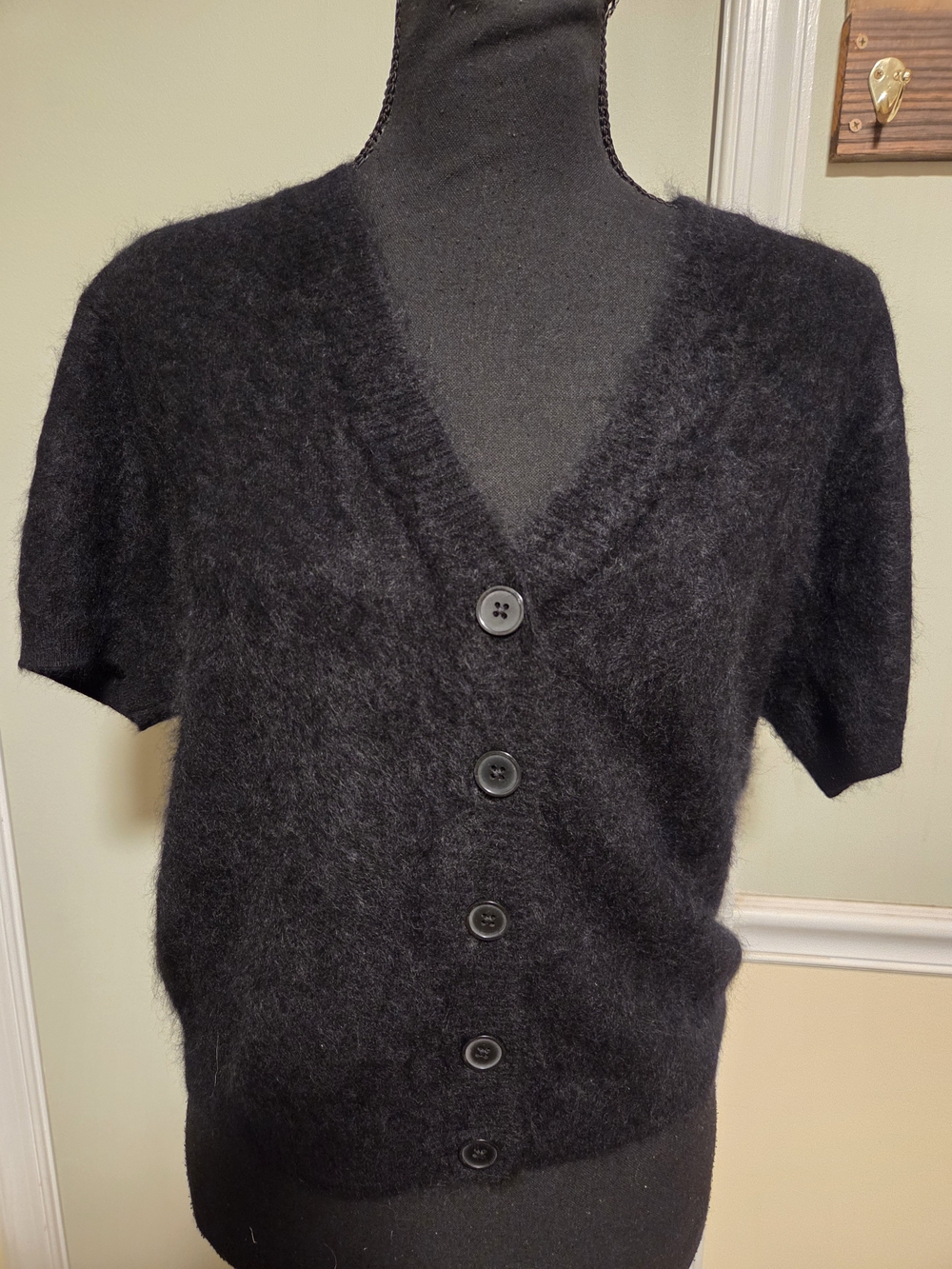J. Crew Black Short-Sleeve Fuzzy Cashmere V-Neck Button Cardigan